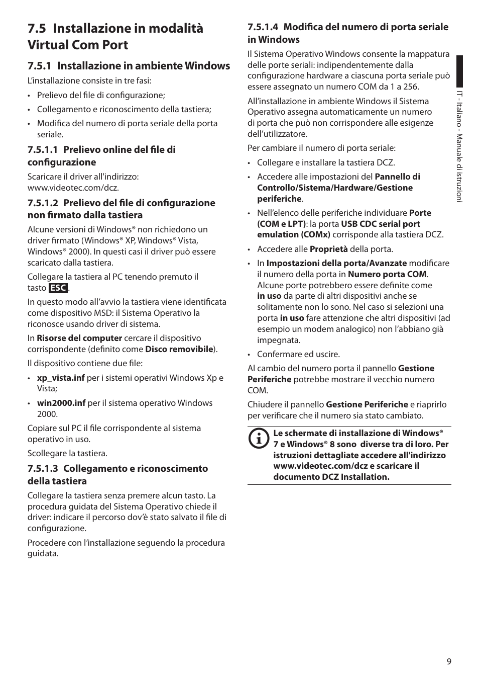 5 installazione in modalità virtual com port, 1 installazione in ambiente windows, 1 prelievo online del file di configurazione | 3 collegamento e riconoscimento della tastiera, 4 modifica del numero di porta seriale in windows | Videotec DCZ User Manual | Page 33 / 92