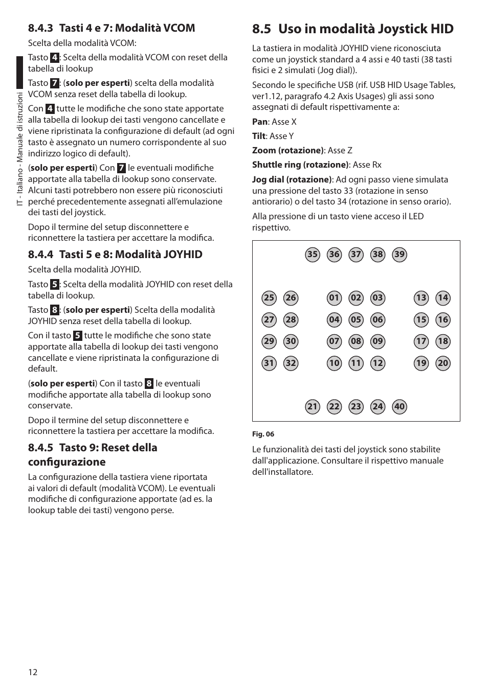 3 tasti 4 e 7: modalità vcom, 4 tasti 5 e 8: modalità joyhid, 5 tasto 9: reset della configurazione | 5 uso in modalità joystick hid | Videotec DCZ User Manual | Page 36 / 92