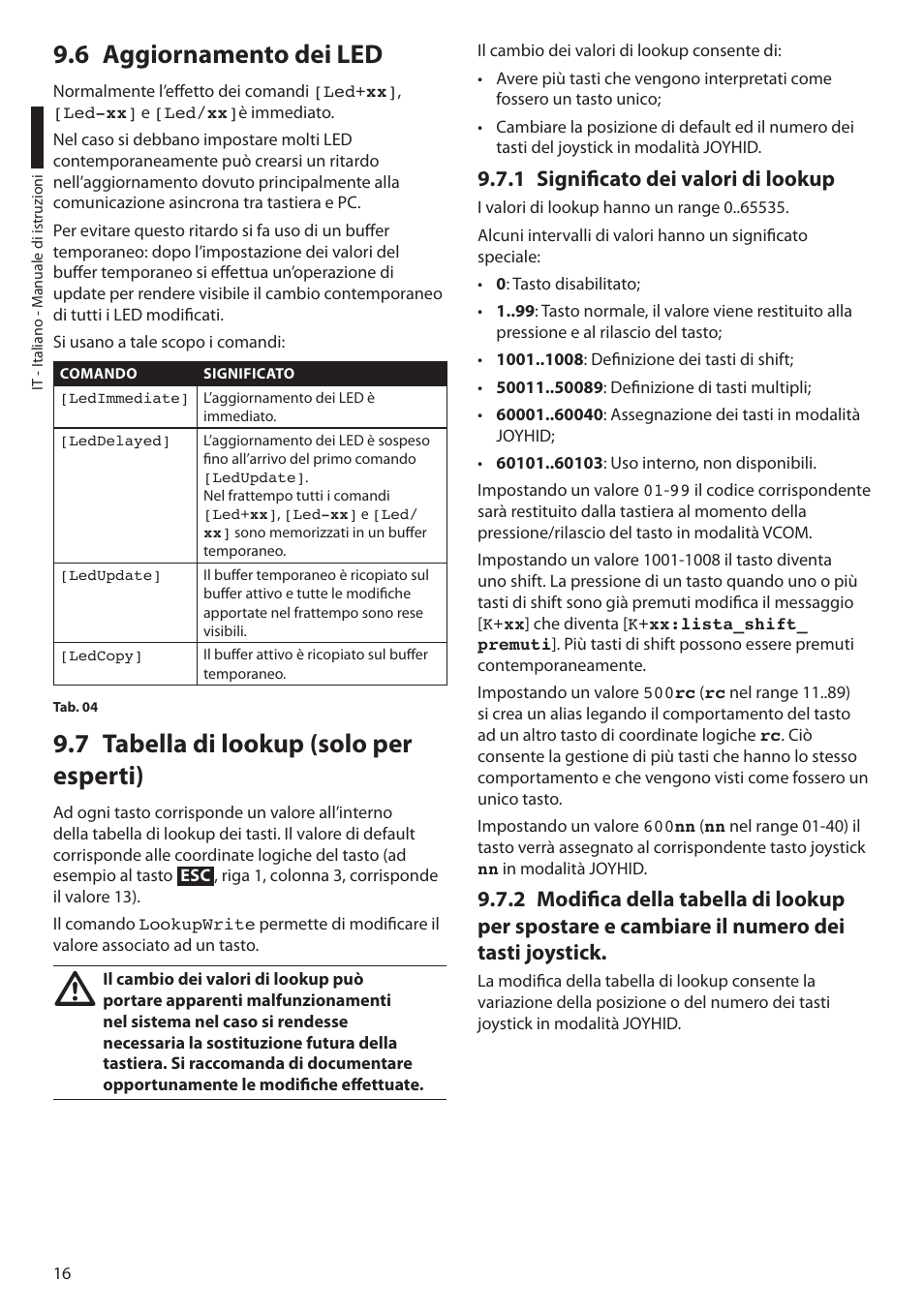 6 aggiornamento dei led, 7 tabella di lookup (solo per esperti), 1 significato dei valori di lookup | Videotec DCZ User Manual | Page 40 / 92