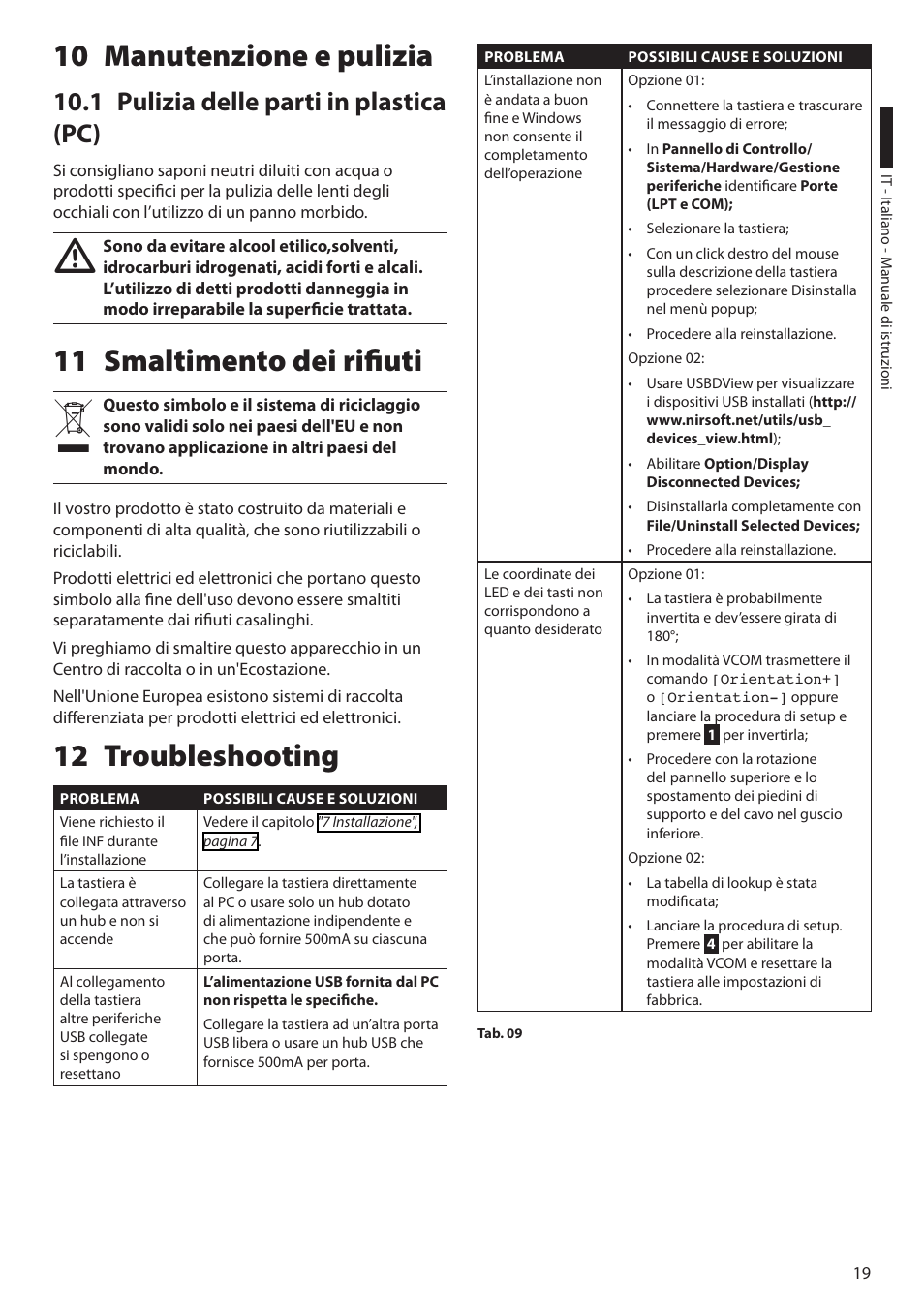 10 manutenzione e pulizia, 1 pulizia delle parti in plastica (pc), 11 smaltimento dei rifiuti | 12 troubleshooting, 11 smaltimento dei rifiuti 12 troubleshooting | Videotec DCZ User Manual | Page 43 / 92