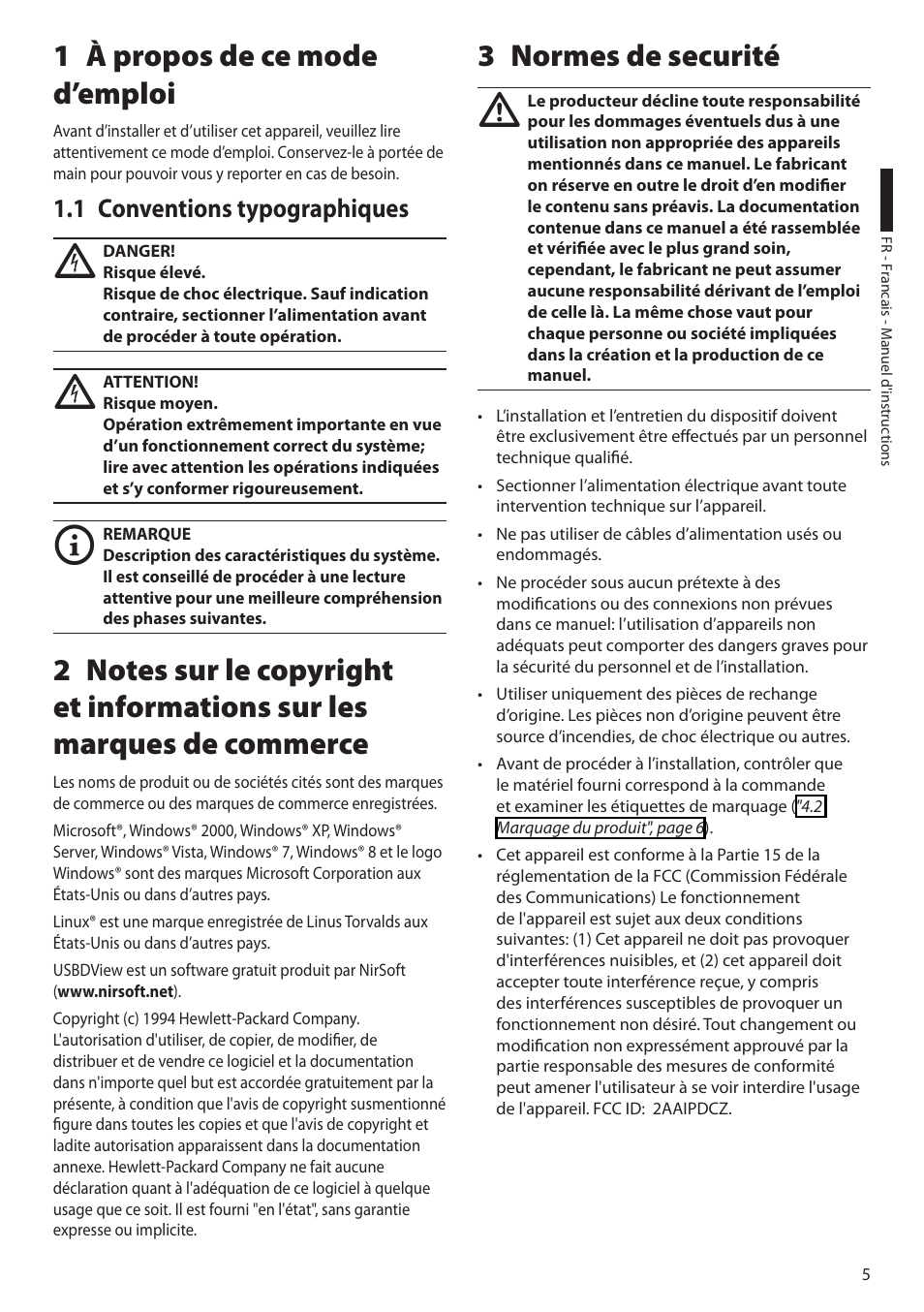 1 à propos de ce mode d’emploi, 1 conventions typographiques, 3 normes de securité | Videotec DCZ User Manual | Page 51 / 92