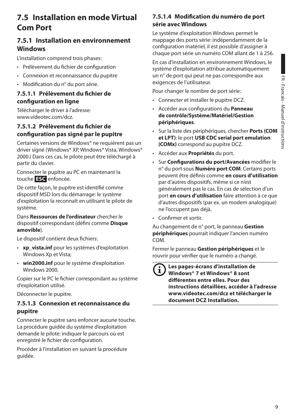5 installation en mode virtual com port, 1 installation en environnement windows, 1 prélèvement du fichier de configuration en ligne | 3 connexion et reconnaissance du pupitre | Videotec DCZ User Manual | Page 55 / 92