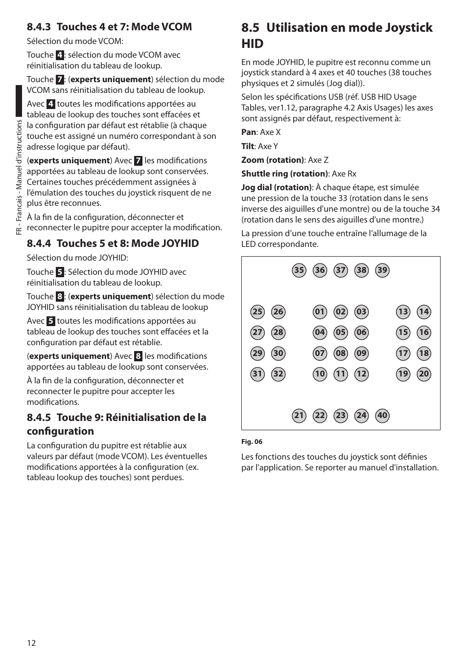 3 touches 4 et 7: mode vcom, 4 touches 5 et 8: mode joyhid, 5 touche 9: réinitialisation de la configuration | 5 utilisation en mode joystick hid | Videotec DCZ User Manual | Page 58 / 92