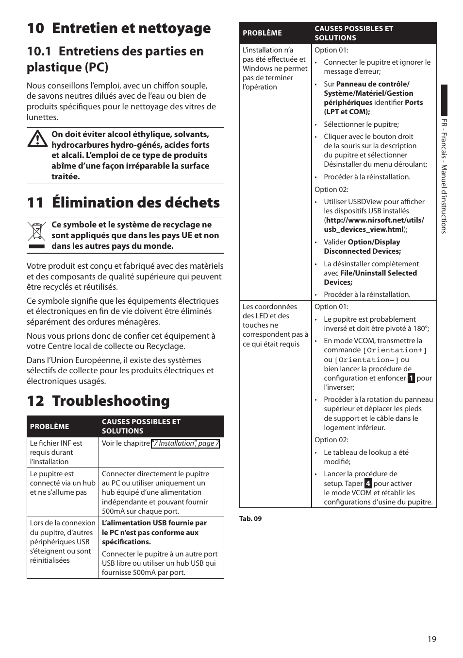 10 entretien et nettoyage, 1 entretiens des parties en plastique (pc), 11 élimination des déchets | 12 troubleshooting, 11 élimination des déchets 12 troubleshooting | Videotec DCZ User Manual | Page 65 / 92