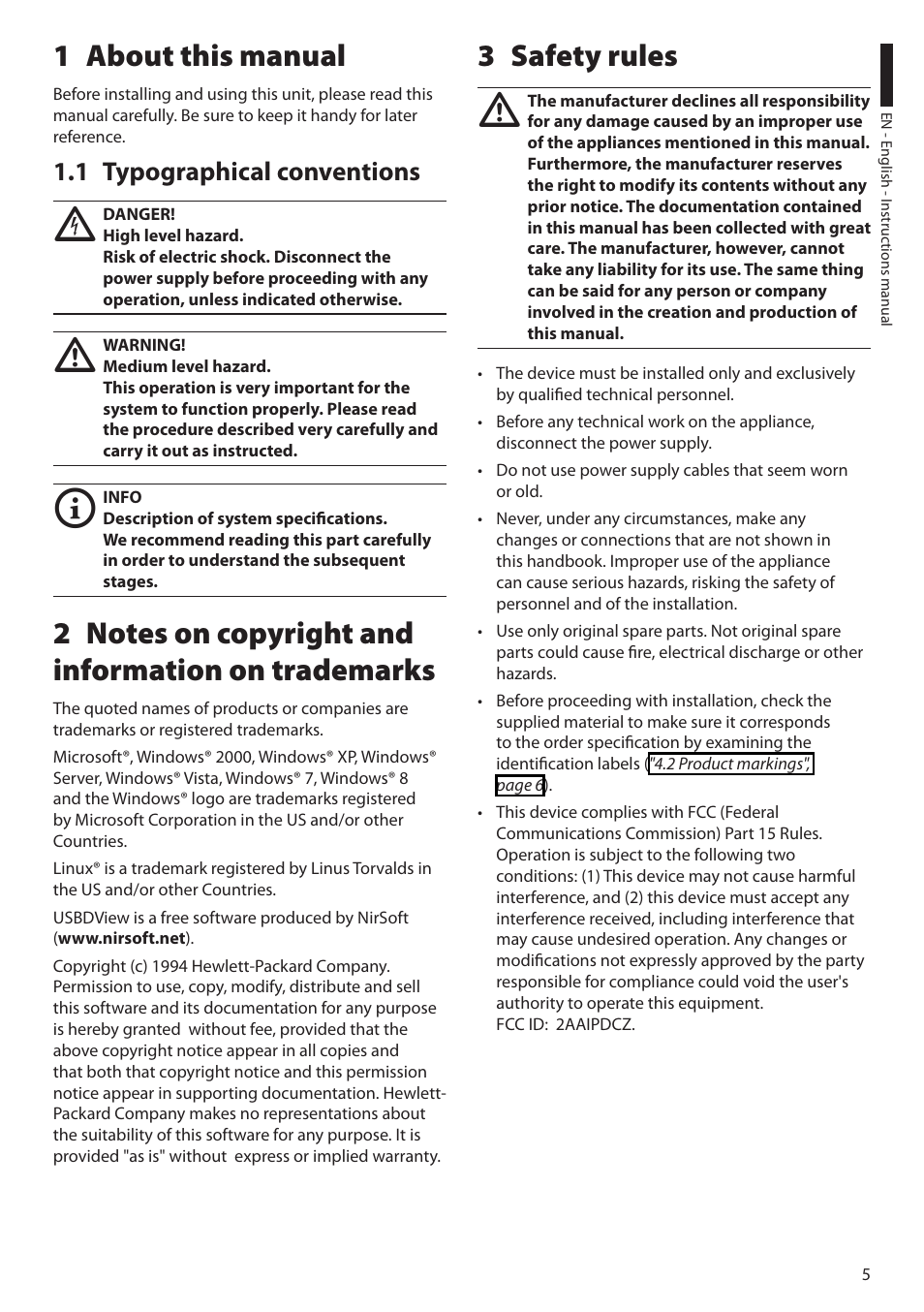 1 about this manual, 1 typographical conventions, 2 notes on copyright and information on trademarks | 3 safety rules | Videotec DCZ User Manual | Page 7 / 92
