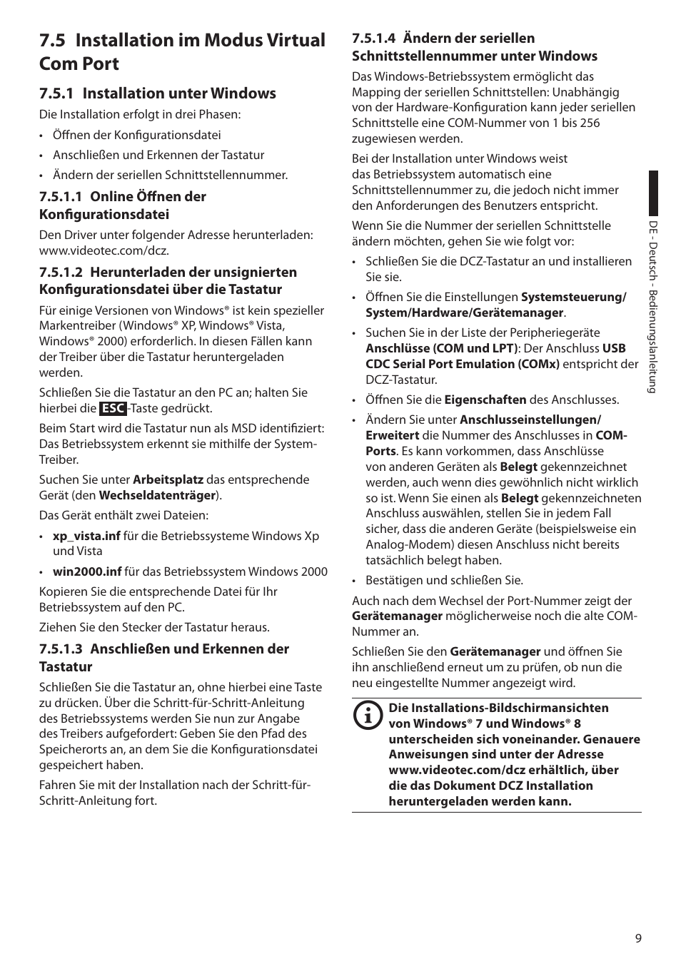 5 installation im modus virtual com port, 1 installation unter windows, 1 online öffnen der konfigurationsdatei | 3 anschließen und erkennen der tastatur | Videotec DCZ User Manual | Page 77 / 92