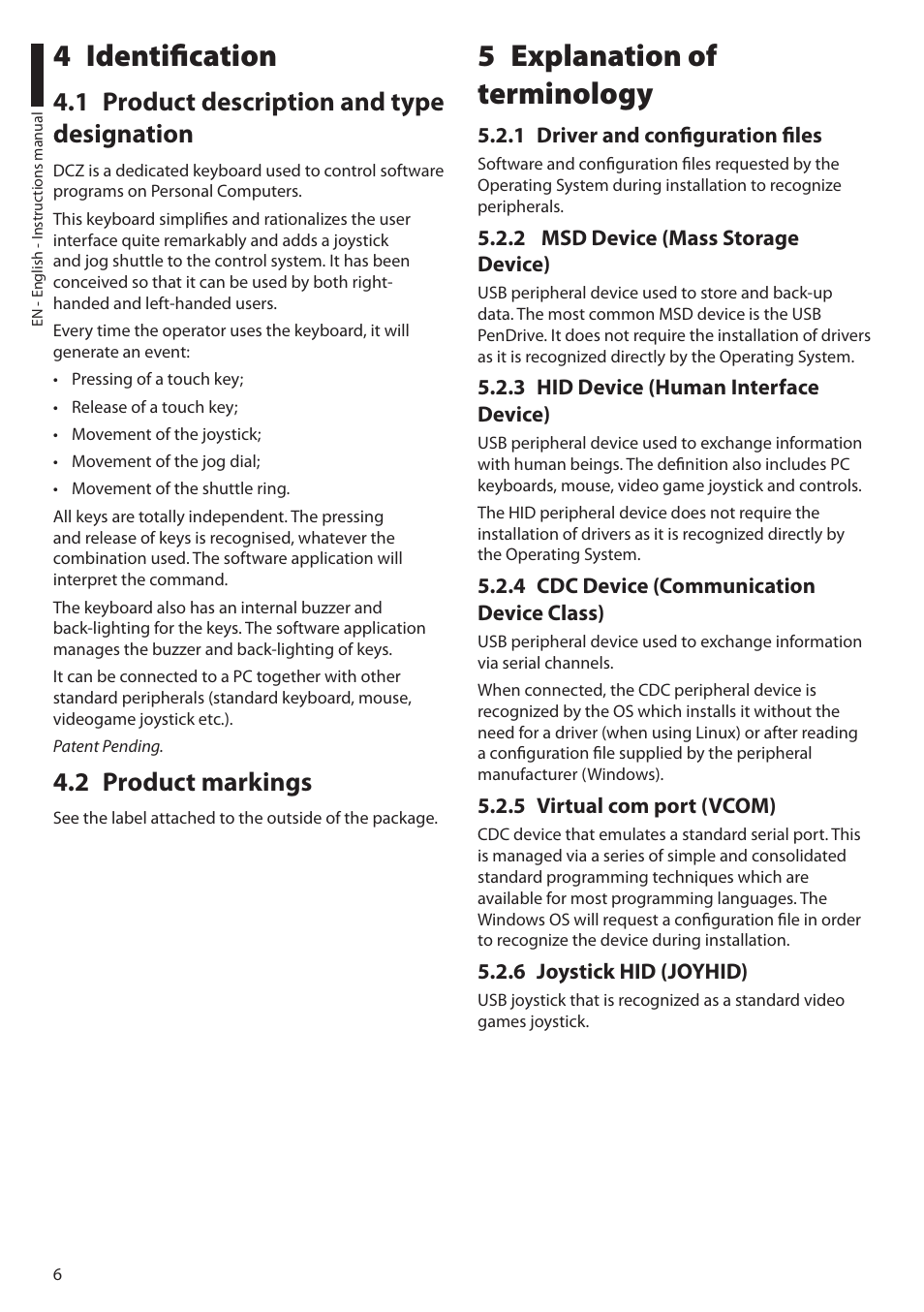 4 identification, 1 product description and type designation, 2 product markings | 5 explanation of terminology, 1 driver and configuration files, 2 msd device (mass storage device), 3 hid device (human interface device), 4 cdc device (communication device class), 5 virtual com port (vcom), 6 joystick hid (joyhid) | Videotec DCZ User Manual | Page 8 / 92