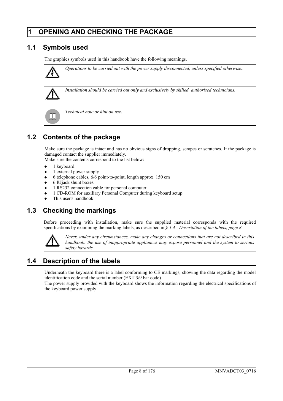 2 contents of the package, 3 checking the markings, 4 description of the labels | Videotec DCT User Manual | Page 10 / 182