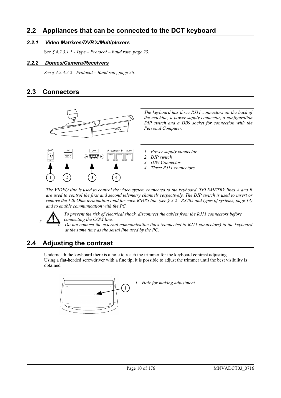 3 connectors, 4 adjusting the contrast | Videotec DCT User Manual | Page 12 / 182