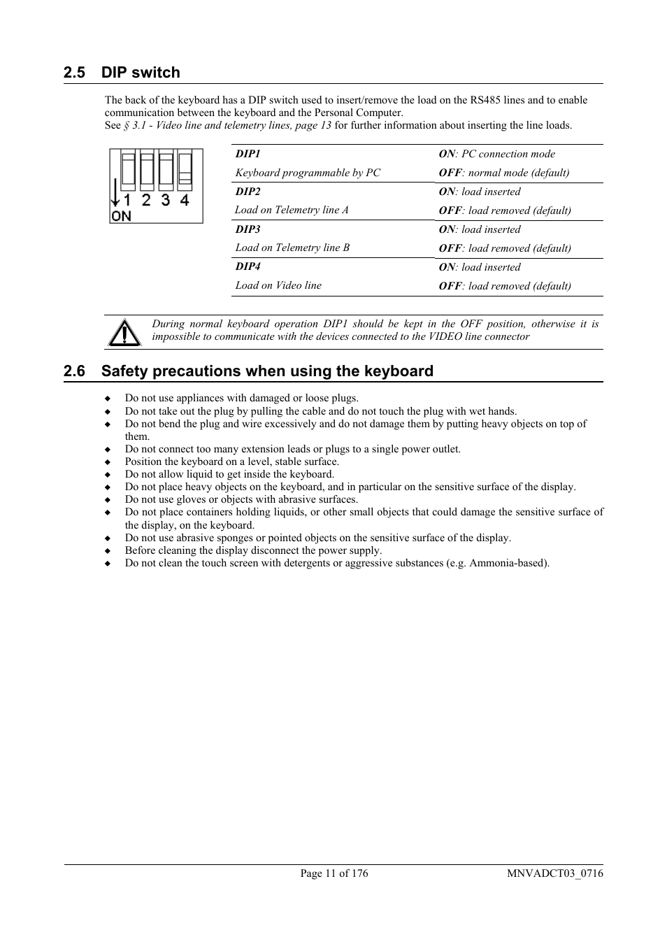 5 dip switch, 6 safety precautions when using the keyboard | Videotec DCT User Manual | Page 13 / 182