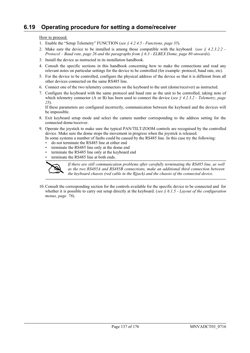 19 operating procedure for setting a dome/receiver | Videotec DCT User Manual | Page 139 / 182