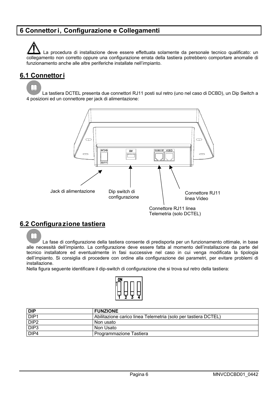 6 connettor i, configurazione e collegamenti, 1 connettor i, 2 configura zione tastiera | Videotec DCTEL User Manual | Page 10 / 86