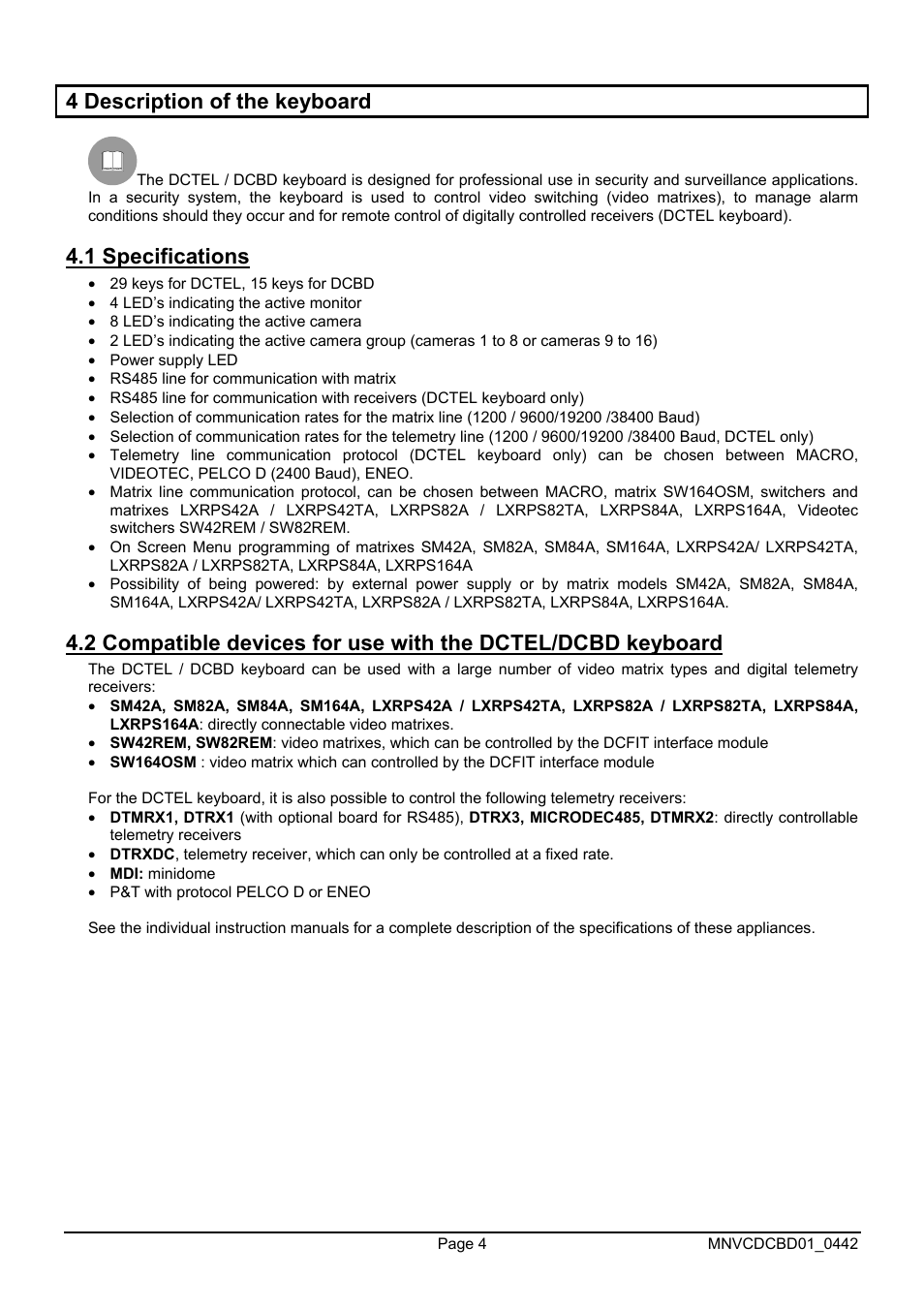 4 description of the keyboard, 1 specifications | Videotec DCTEL User Manual | Page 28 / 86