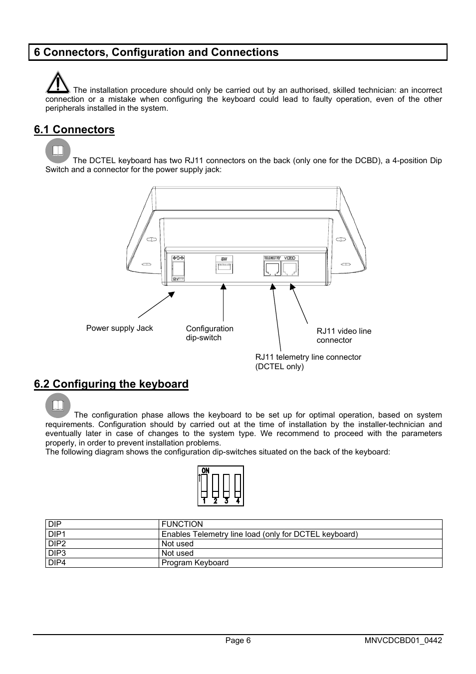 6 connectors, configuration and connections, 1 connectors, 2 configuring the keyboard | Videotec DCTEL User Manual | Page 30 / 86