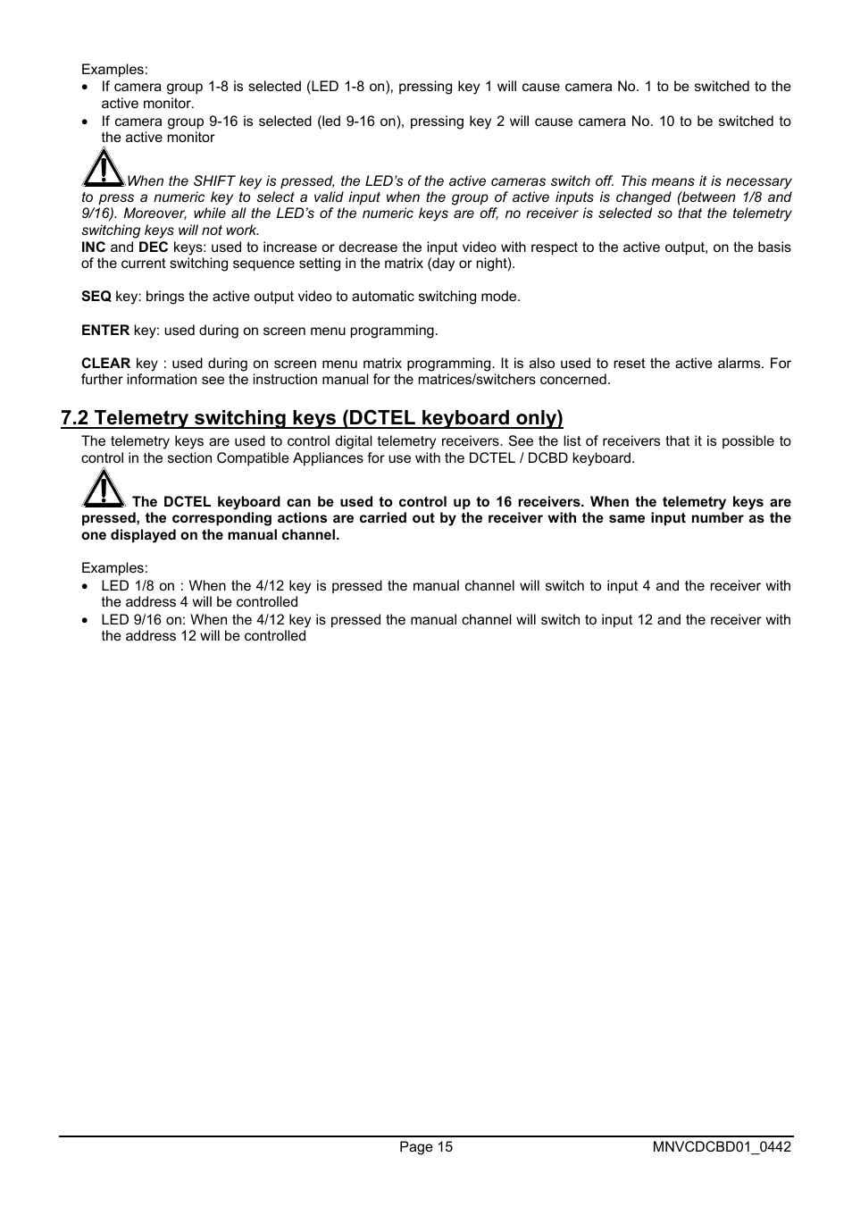 2 telemetry switching keys (dctel keyboard only) | Videotec DCTEL User Manual | Page 39 / 86