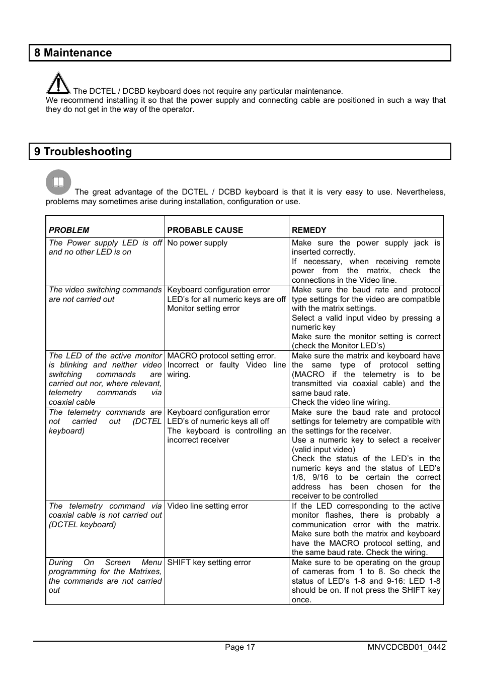 8 maintenance, 9 troubleshooting | Videotec DCTEL User Manual | Page 41 / 86