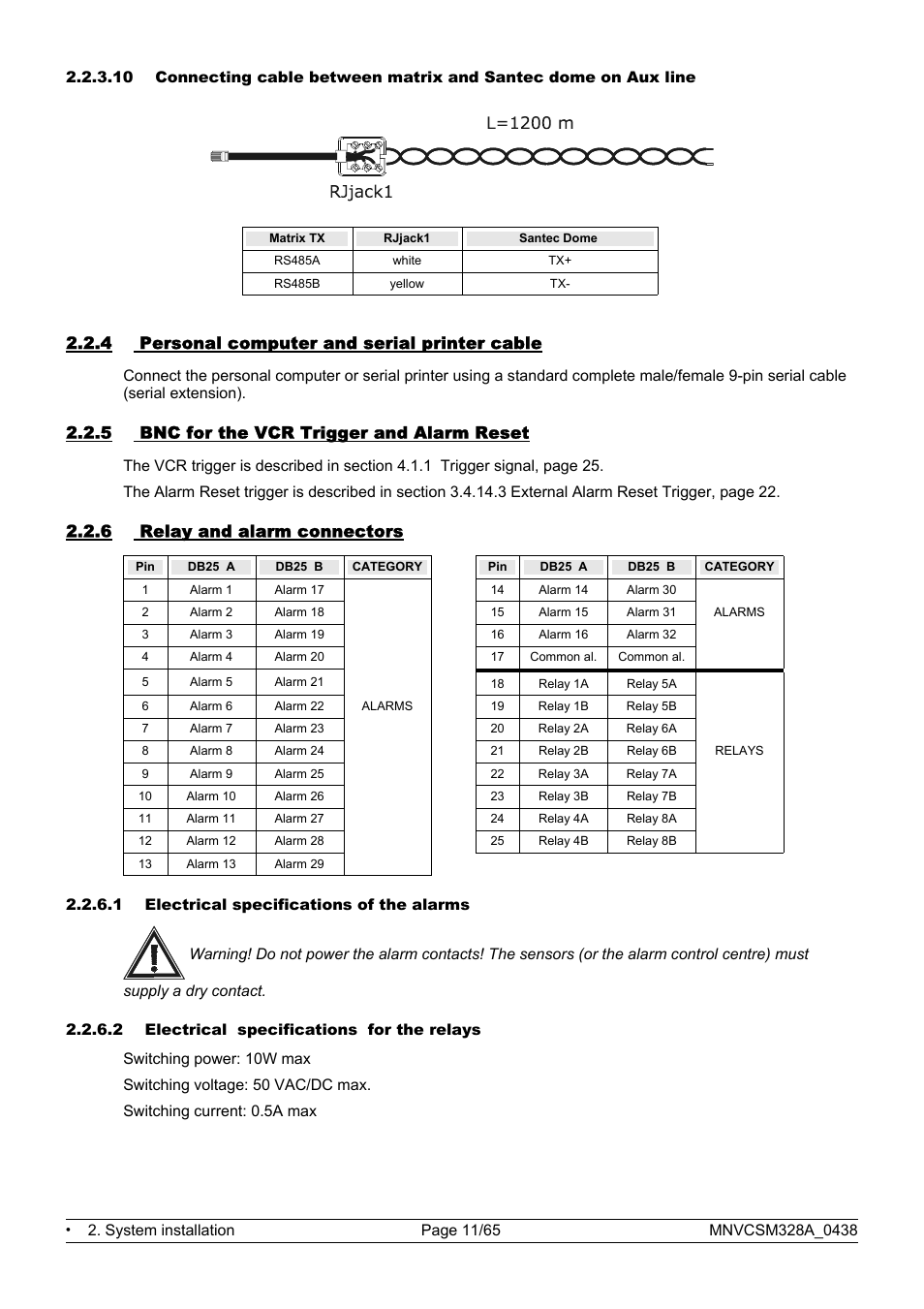 4 personal computer and serial printer cable, 5 bnc for the vcr trigger and alarm reset, 6 relay and alarm connectors | Videotec SM328B User Manual | Page 13 / 72
