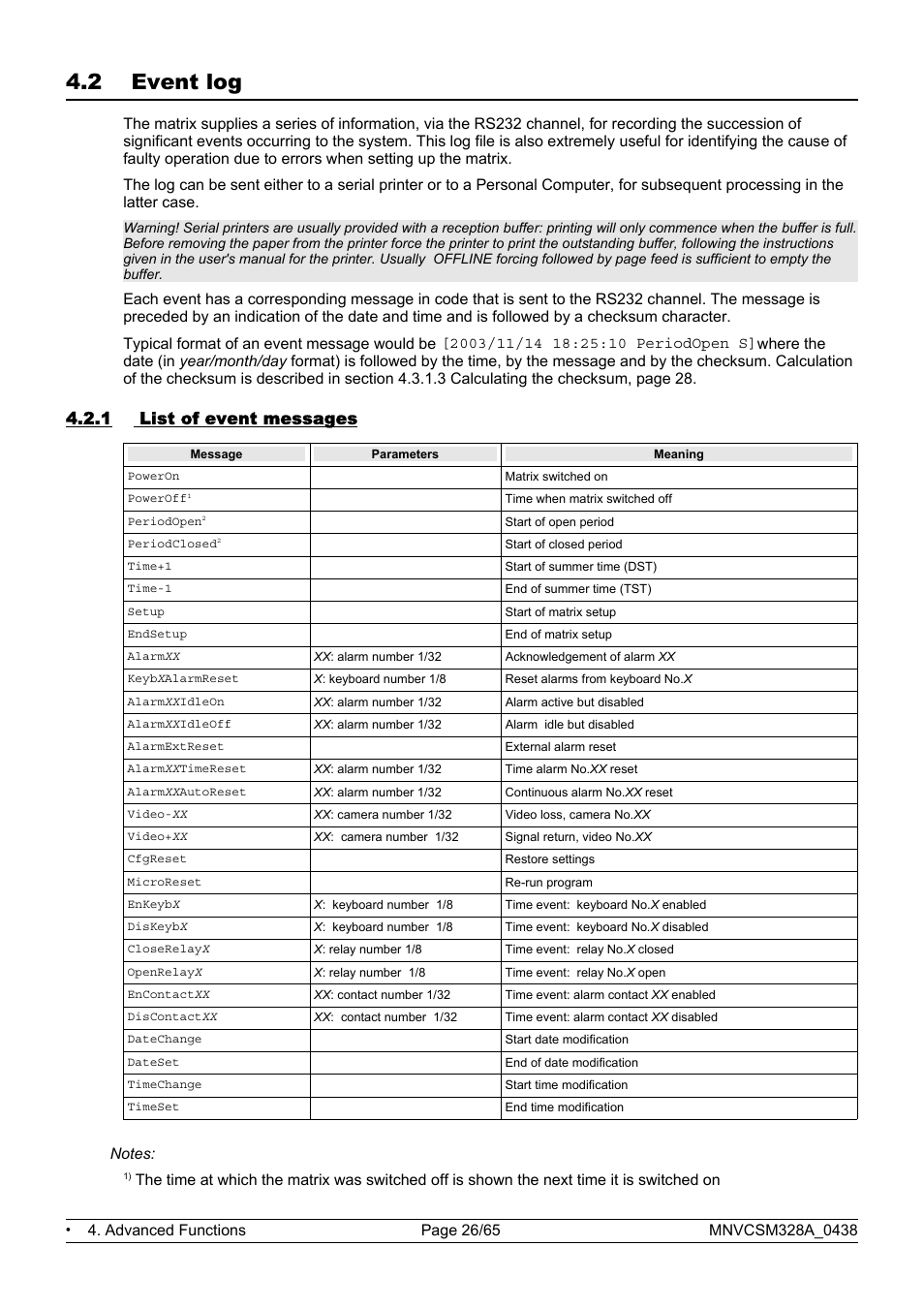 2 event log, 1 list of event messages | Videotec SM328B User Manual | Page 28 / 72
