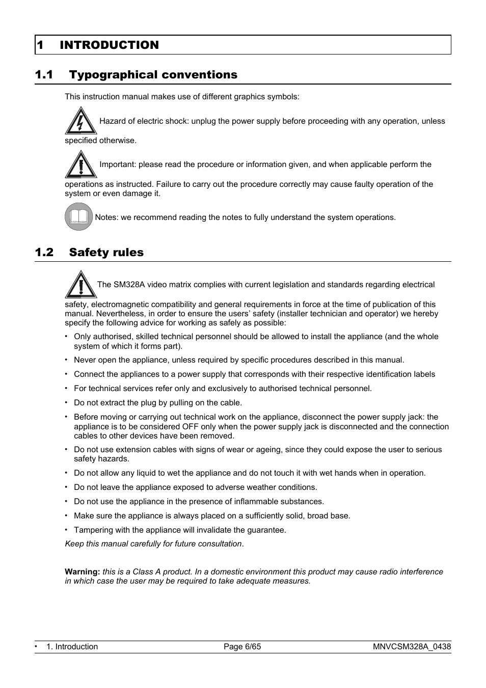 1 introduction 1.1 typographical conventions, 2 safety rules | Videotec SM328B User Manual | Page 8 / 72