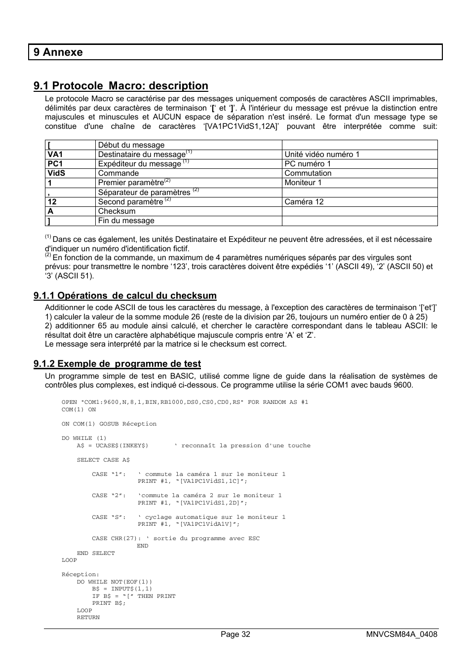 9 annexe 9.1 protocole macro: description, 1 opérations de calcul du checksum, 2 exemple de programme de test | Videotec SM164B User Manual | Page 108 / 150