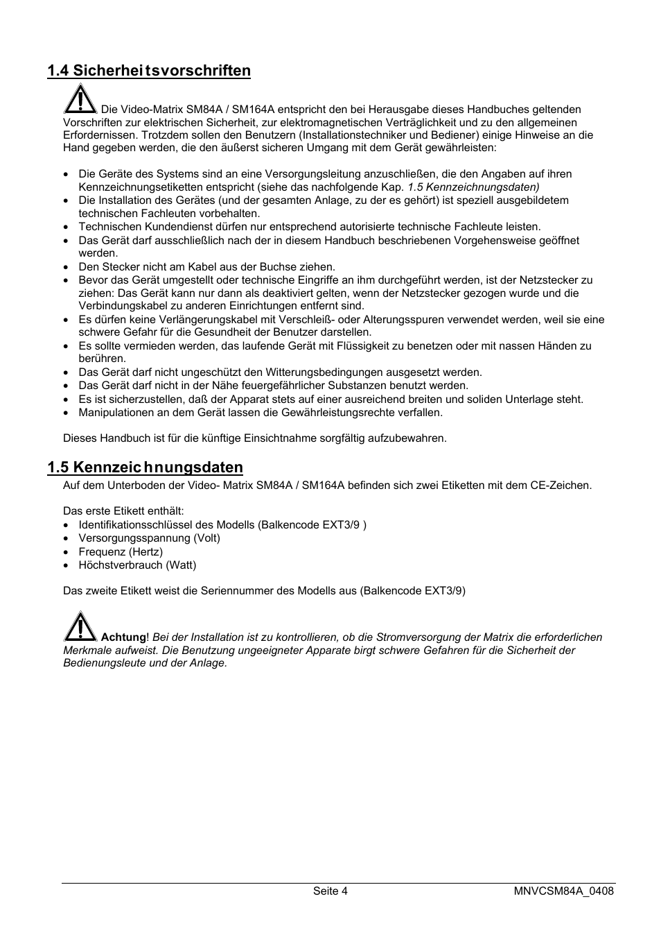 4 sicherhei tsvorschriften, 5 kennzeic hnungsdaten | Videotec SM164B User Manual | Page 116 / 150
