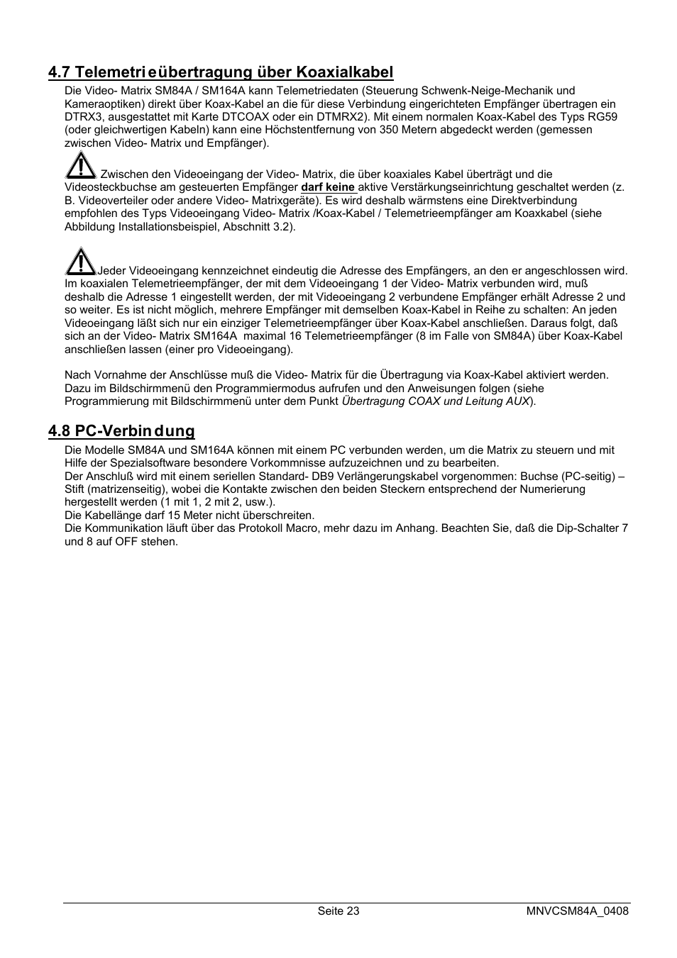 7 telemetri eübertragung über koaxialkabel, 8 pc-verbin dung | Videotec SM164B User Manual | Page 135 / 150