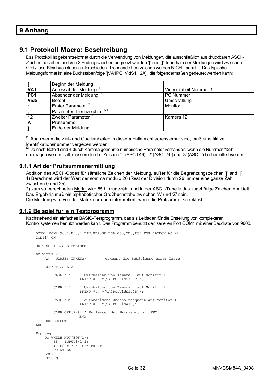 9 anhang 9.1 protokoll macro: beschreibung, 1 art der prü fsummenermittlung, 2 beispiel für ein testprogramm | Videotec SM164B User Manual | Page 144 / 150