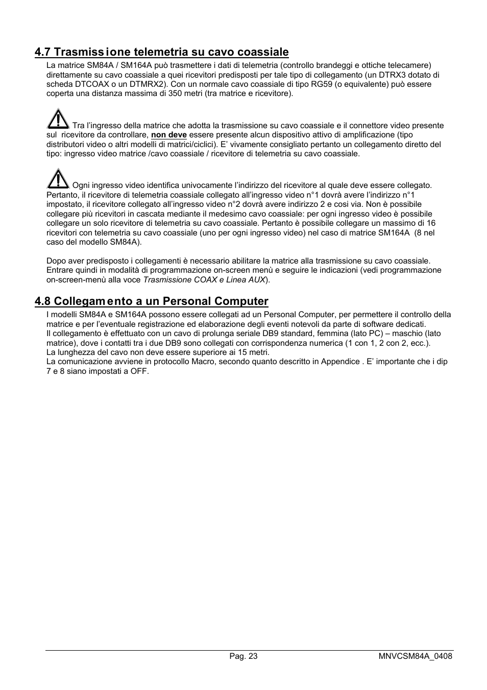 7 trasmiss ione telemetria su cavo coassiale, 8 collegam ento a un personal computer | Videotec SM164B User Manual | Page 27 / 150