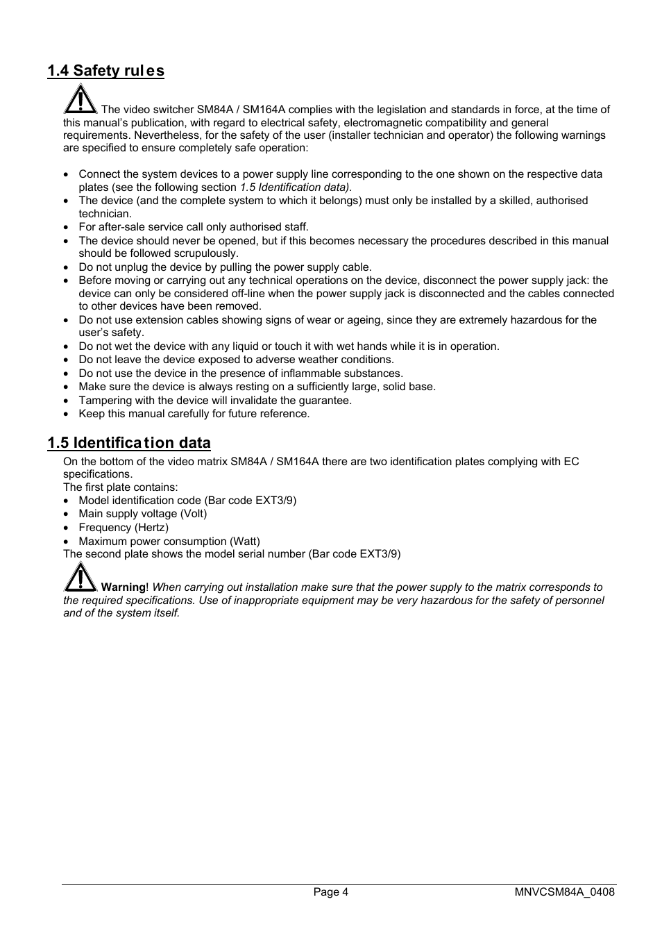 4 safety rul es, 5 identifica tion data | Videotec SM164B User Manual | Page 44 / 150
