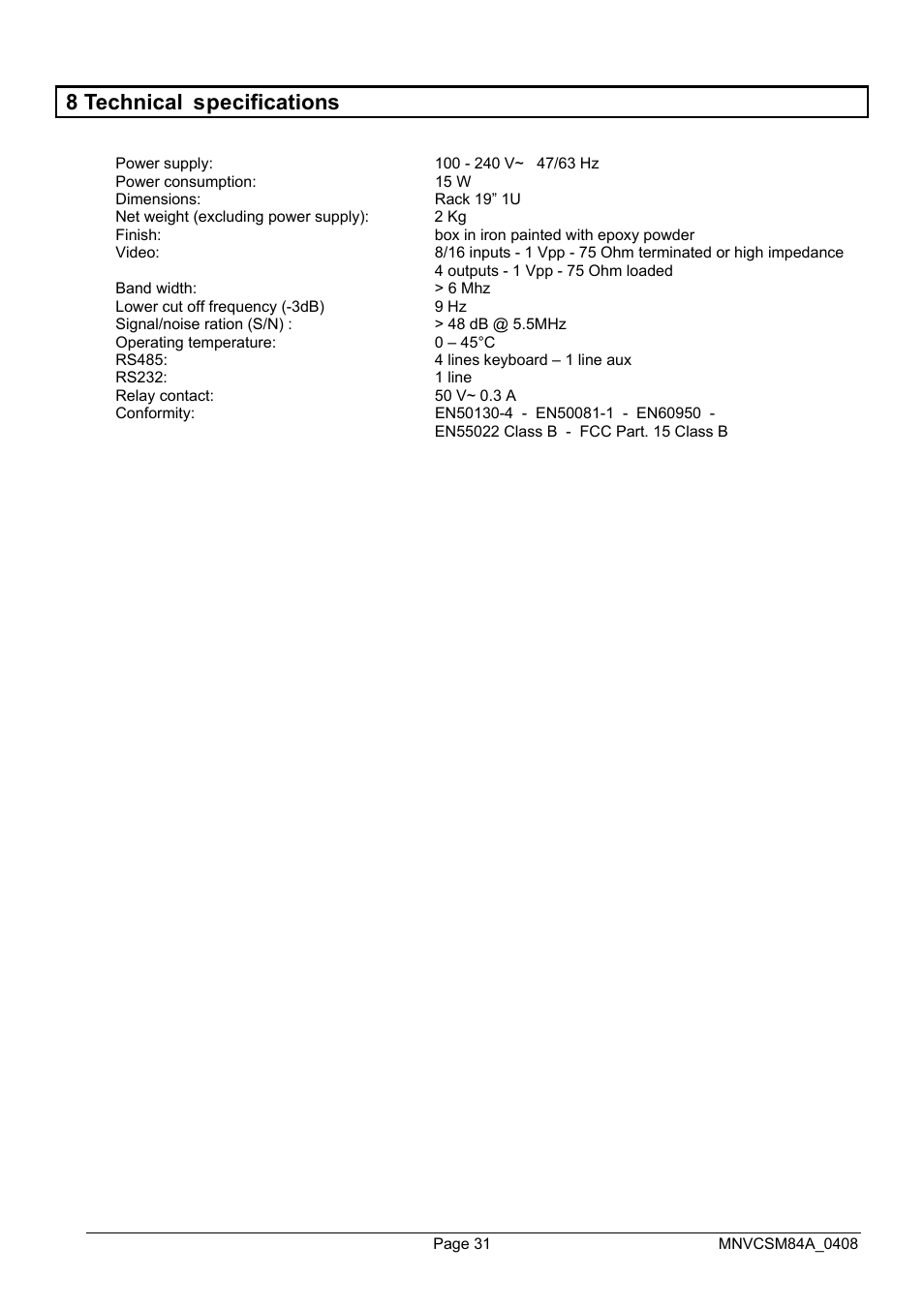 8 technical specifications | Videotec SM164B User Manual | Page 71 / 150