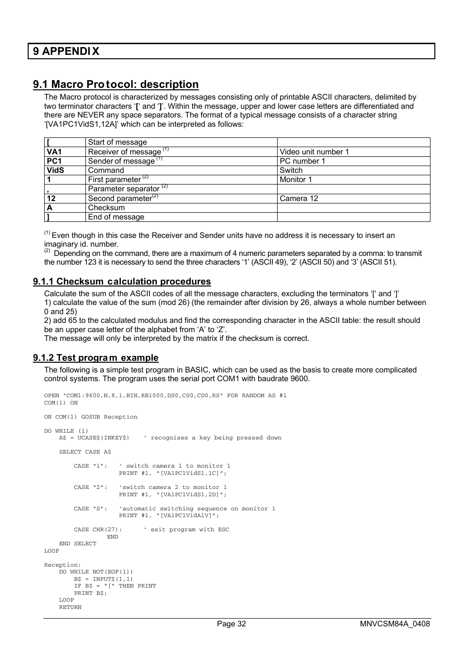 9 appendi x 9.1 macro pro tocol: description, 1 checksum calculation procedures, 2 test progra m example | Videotec SM164B User Manual | Page 72 / 150