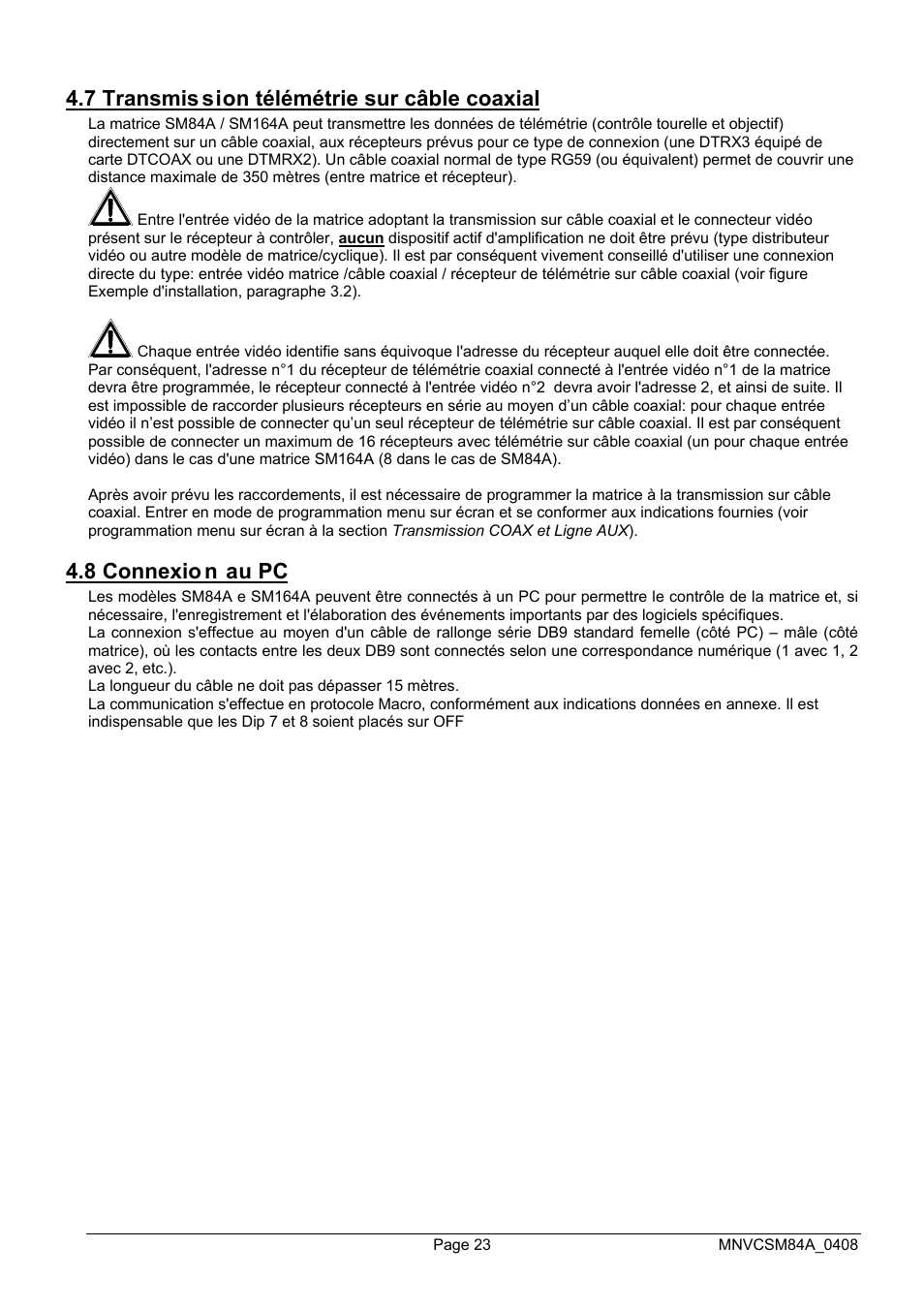 7 transmis sion télémétrie sur câble coaxial, 8 connexio n au pc | Videotec SM164B User Manual | Page 99 / 150