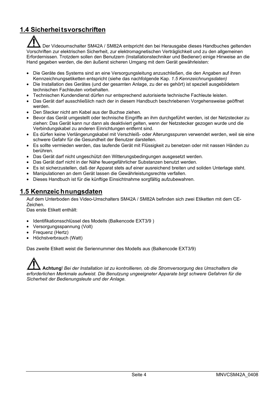 4 sicherhei tsvorschriften, 5 kennzeic hnungsdaten | Videotec SM82A User Manual | Page 110 / 142