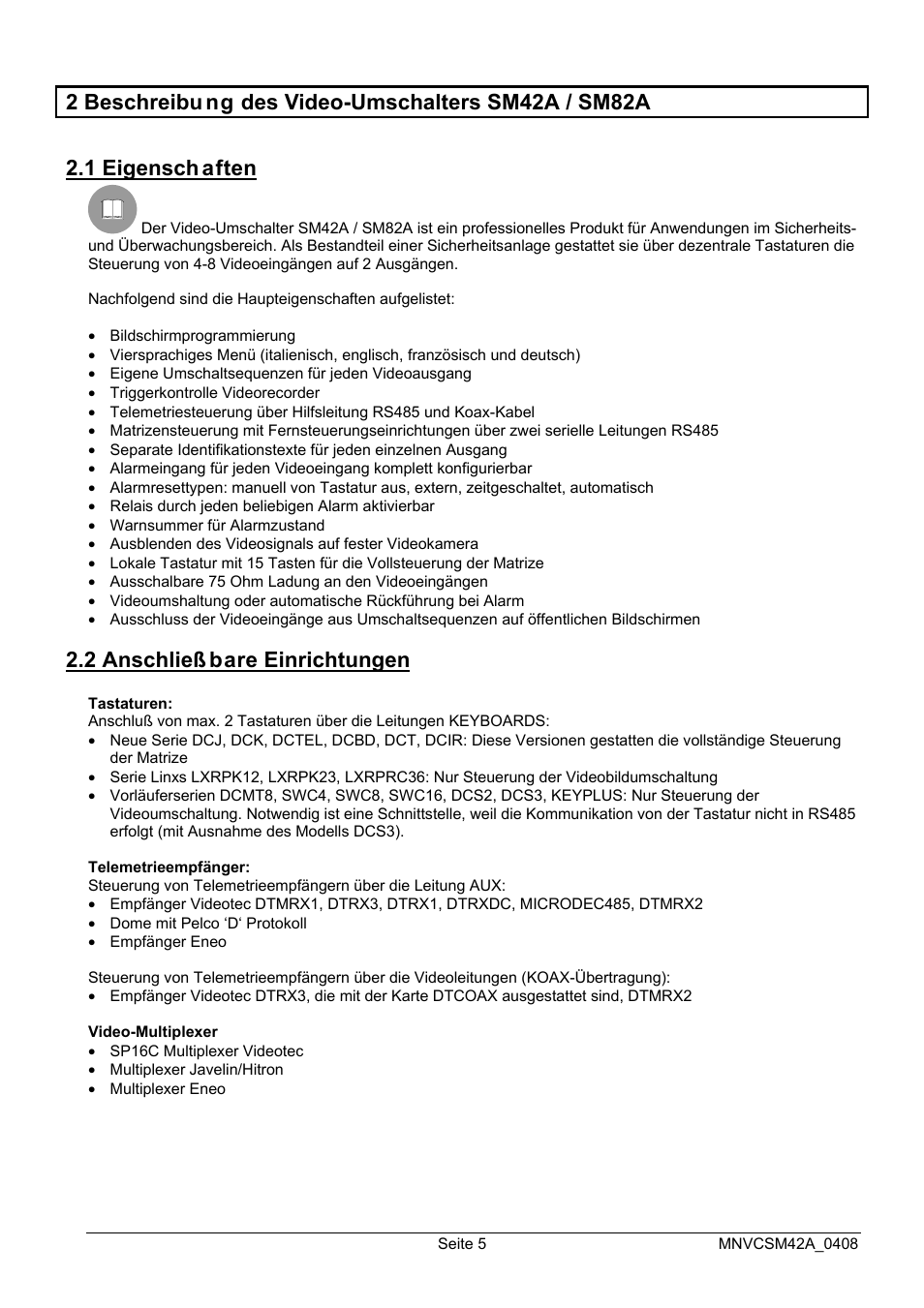 2 anschließ bare einrichtungen | Videotec SM82A User Manual | Page 111 / 142