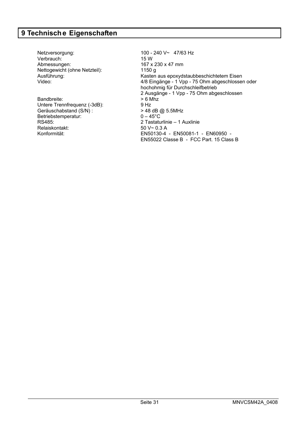 9 technisch e eigenschaften | Videotec SM82A User Manual | Page 137 / 142