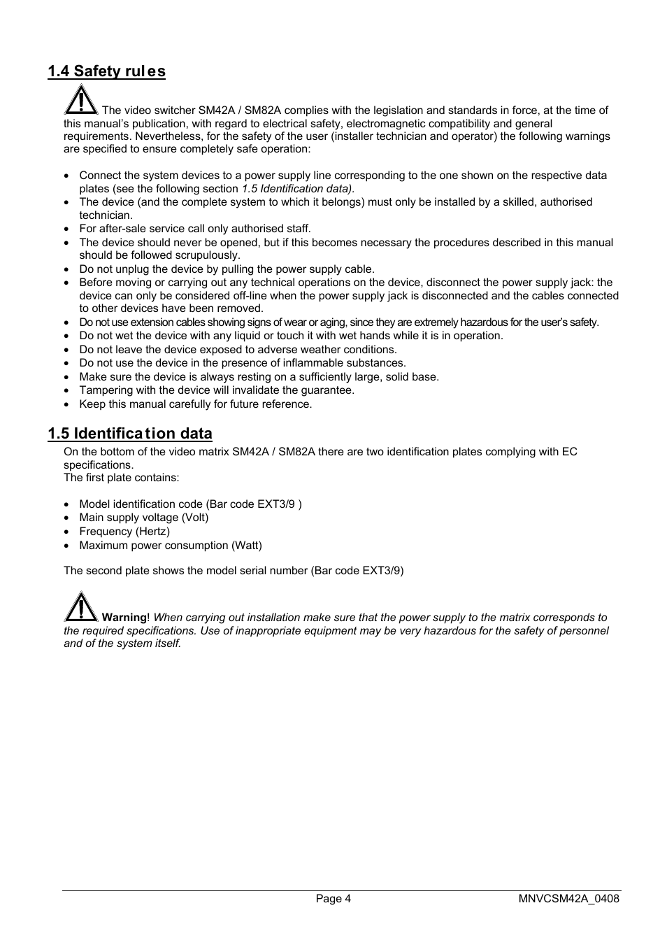 4 safety rul es, 5 identifica tion data | Videotec SM82A User Manual | Page 42 / 142