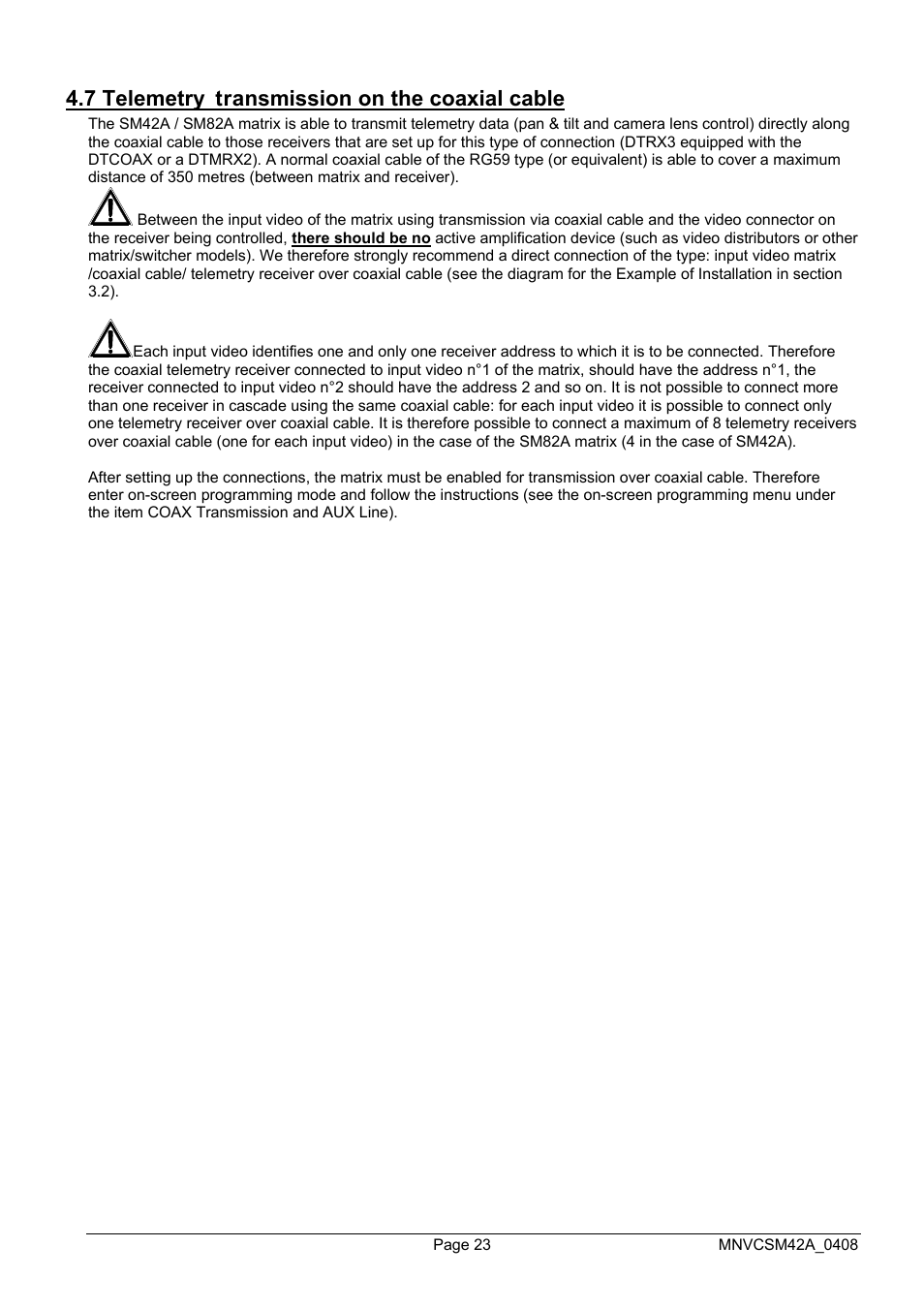 7 telemetry transmission on the coaxial cable | Videotec SM82A User Manual | Page 61 / 142