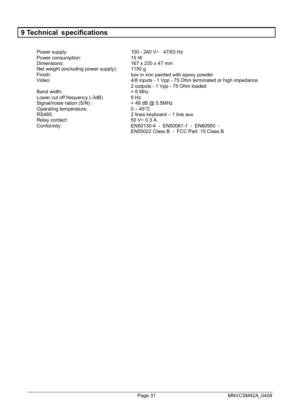 9 technical specifications | Videotec SM82A User Manual | Page 69 / 142