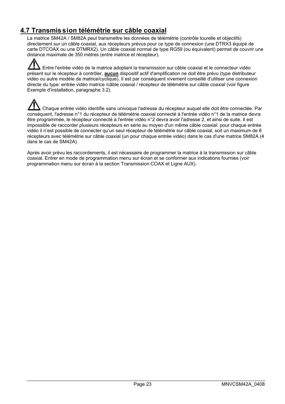 7 transmis sion télémétrie sur câble coaxial | Videotec SM82A User Manual | Page 95 / 142