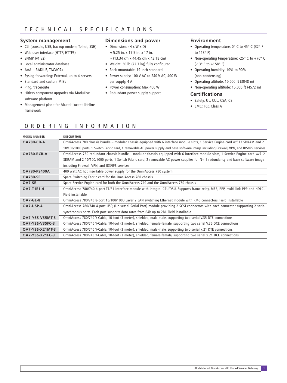 System management, Dimensions and power, Environment | Certifications | Alcatel-Lucent OmniAccess 780 User Manual | Page 3 / 4