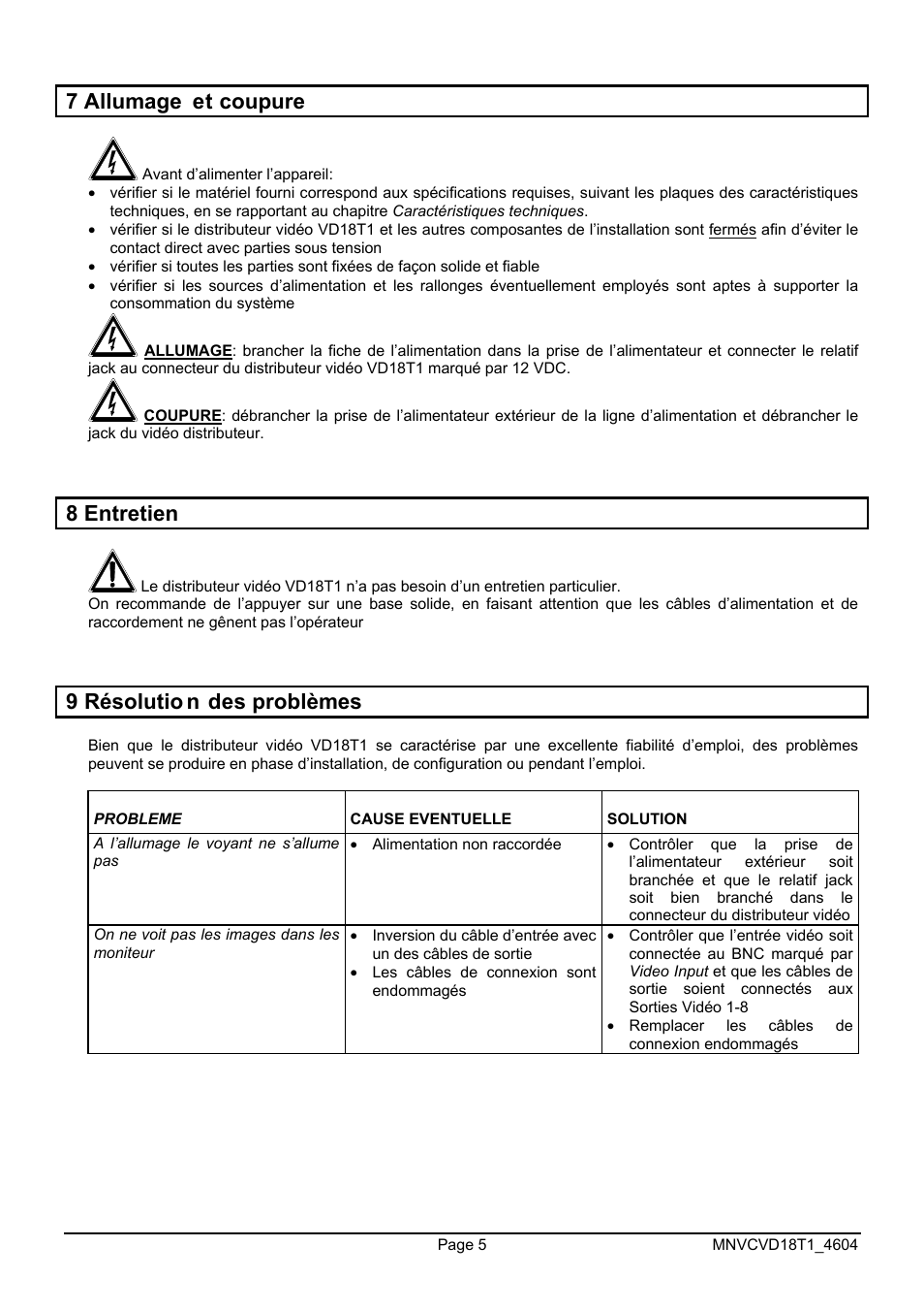 7 allumage et coupure, 8 entretien, 9 résolutio n des problèmes | Videotec VD18T1 User Manual | Page 25 / 36