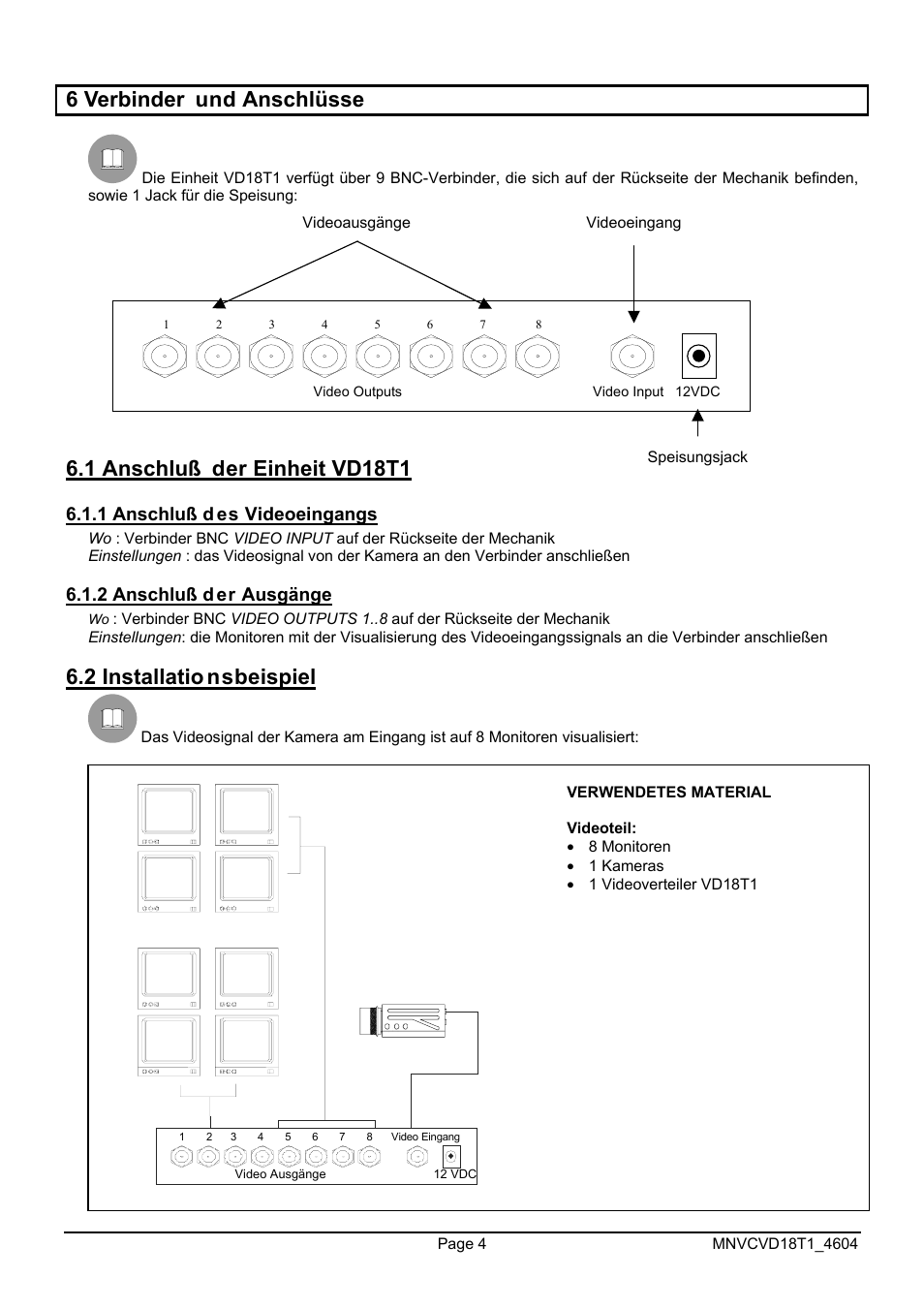 6 verbinder und anschlüsse, 1 anschluß der einheit vd18t1, 2 installatio nsbeispiel | Videotec VD18T1 User Manual | Page 32 / 36