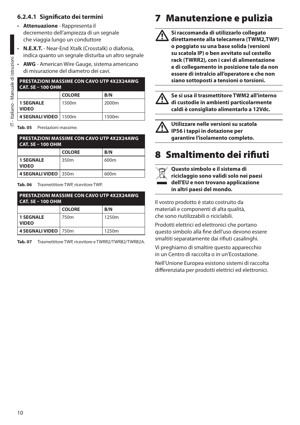 1 significato dei termini, 7 manutenzione e pulizia, 8 smaltimento dei rifiuti | 7 manutenzione e pulizia 8 smaltimento dei rifiuti | Videotec TW Serie User Manual | Page 24 / 52