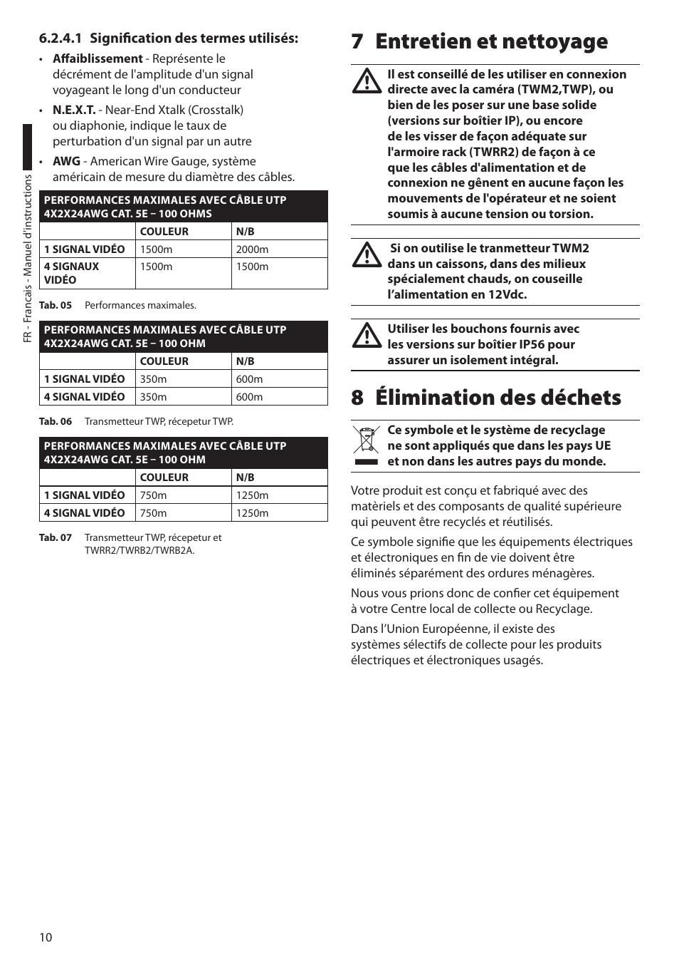 1 signification des termes utilisés, 7 entretien et nettoyage, 8 élimination des déchets | 7 entretien et nettoyage 8 élimination des déchets | Videotec TW Serie User Manual | Page 36 / 52