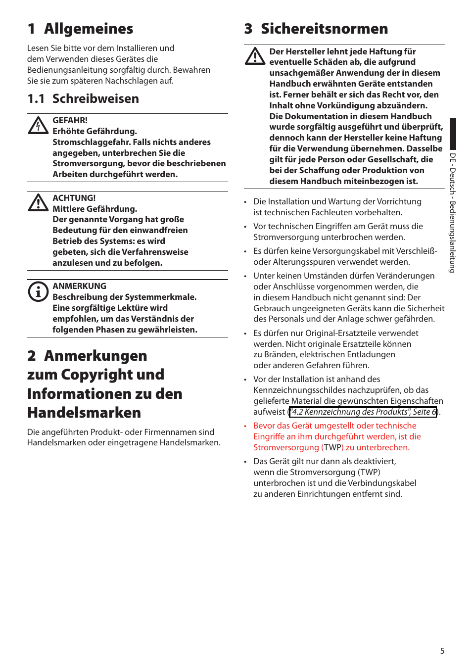 1 allgemeines, 1 schreibweisen, 3 sichereitsnormen | Videotec TW Serie User Manual | Page 43 / 52