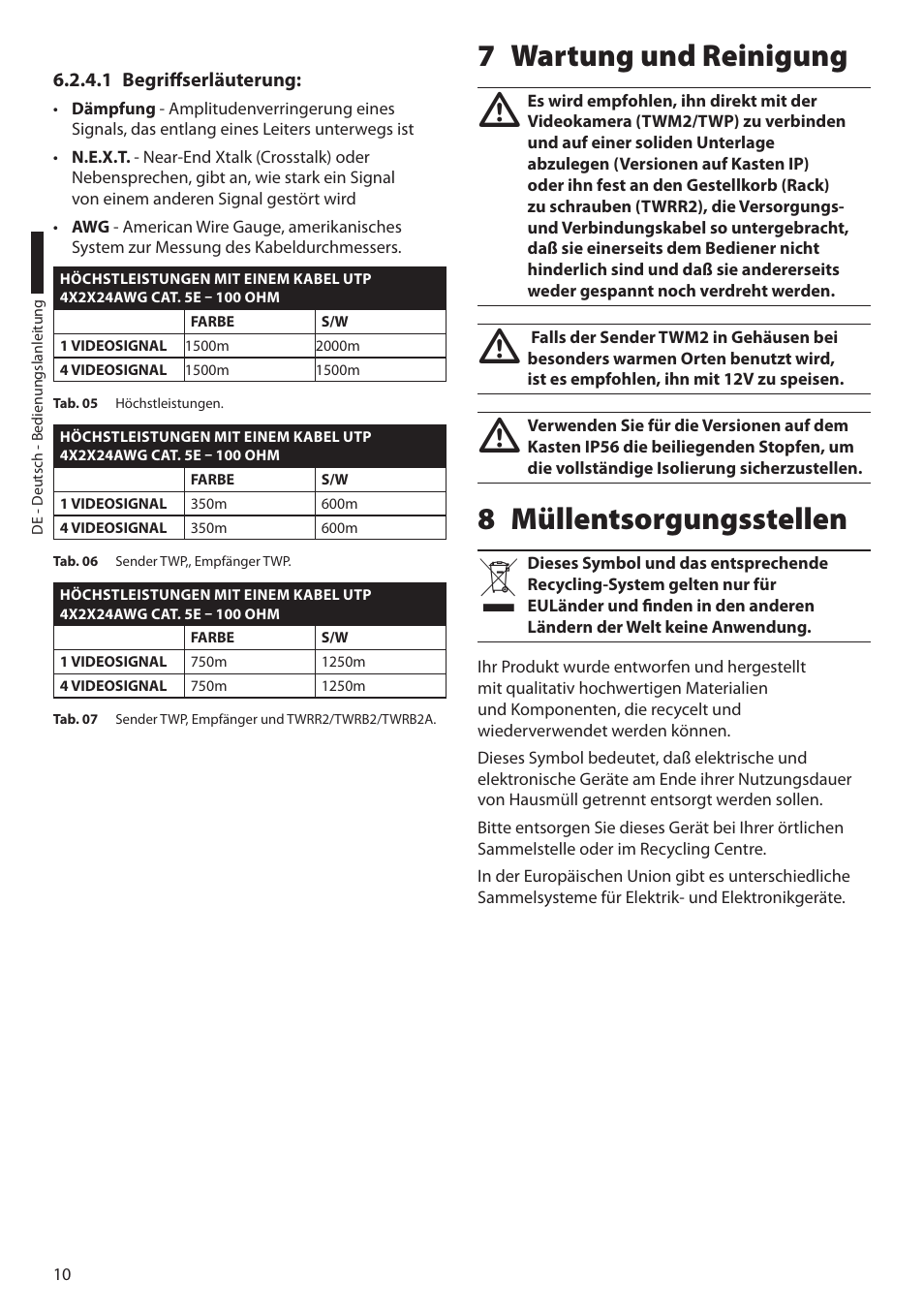 1 begriffserläuterung, 7 wartung und reinigung, 8 müllentsorgungsstellen | 7 wartung und reinigung 8 müllentsorgungsstellen | Videotec TW Serie User Manual | Page 48 / 52