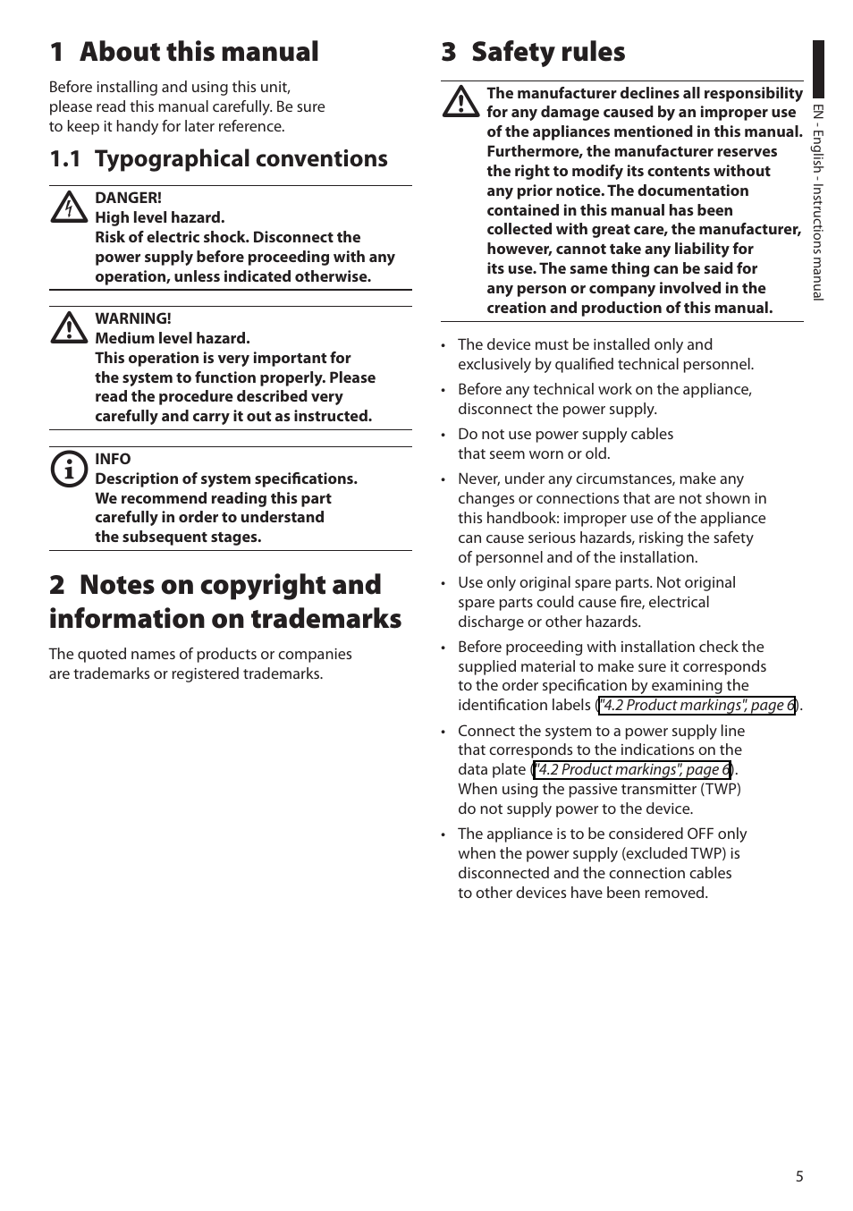 1 about this manual, 1 typographical conventions, 2 notes on copyright and information on trademarks | 3 safety rules | Videotec TW Serie User Manual | Page 7 / 52