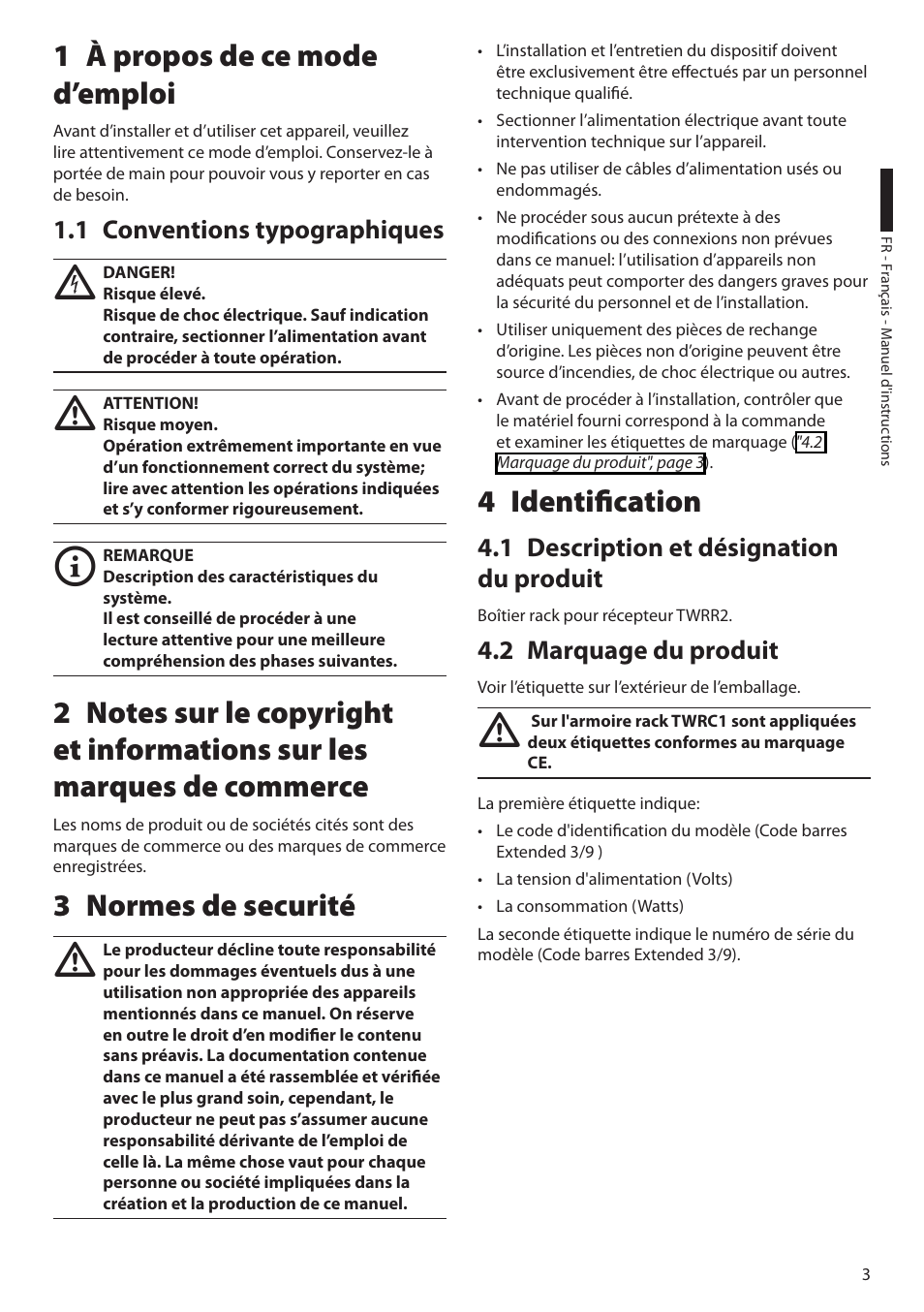 1 à propos de ce mode d’emploi, 1 conventions typographiques, 3 normes de securité | 4 identification, 1 description et désignation du produit, 2 marquage du produit | Videotec TWRC1 User Manual | Page 13 / 20