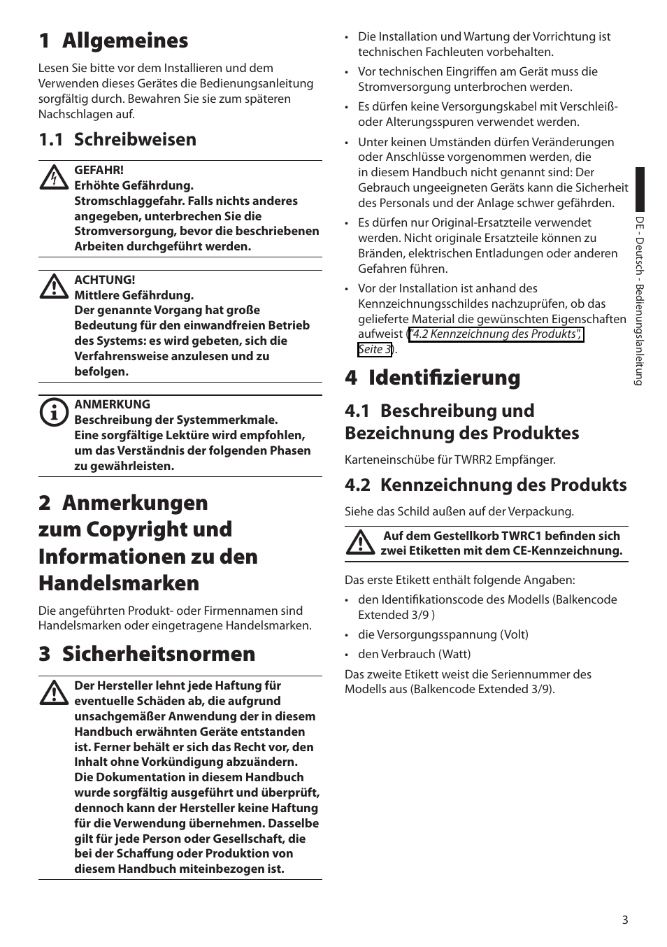1 allgemeines, 1 schreibweisen, 3 sicherheitsnormen | 4 identifizierung, 1 beschreibung und bezeichnung des produktes, 2 kennzeichnung des produkts | Videotec TWRC1 User Manual | Page 17 / 20