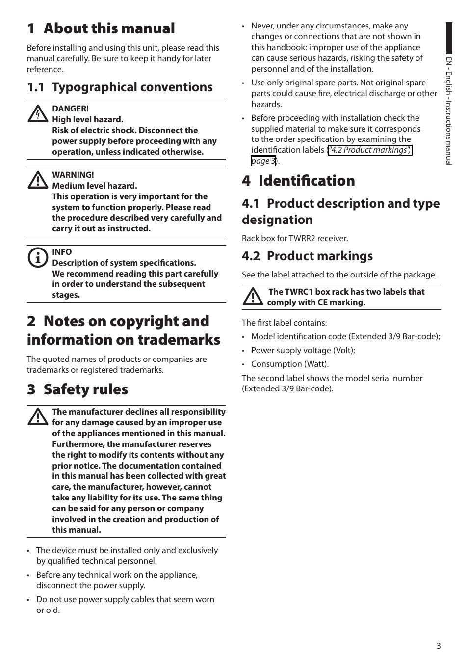 1 about this manual, 1 typographical conventions, 2 notes on copyright and information on trademarks | 3 safety rules, 4 identification, 1 product description and type designation, 2 product markings | Videotec TWRC1 User Manual | Page 5 / 20